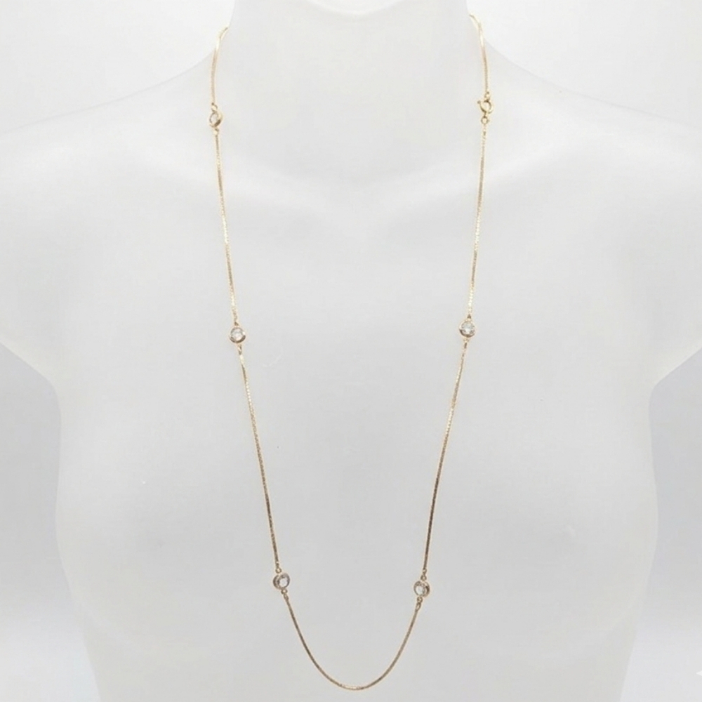 Vintage Gold Tone Necklace Bezel Crystals Long Chain Opera Length Delicate Luxe